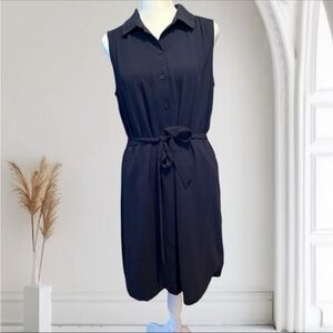 LOFT Sleeveless Black Button-Front Midi Dress with Tie Waist